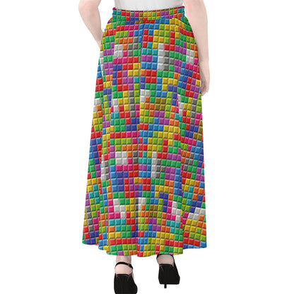 Colorful Brick Puzzle Game Pattern Print Chiffon Maxi Skirt