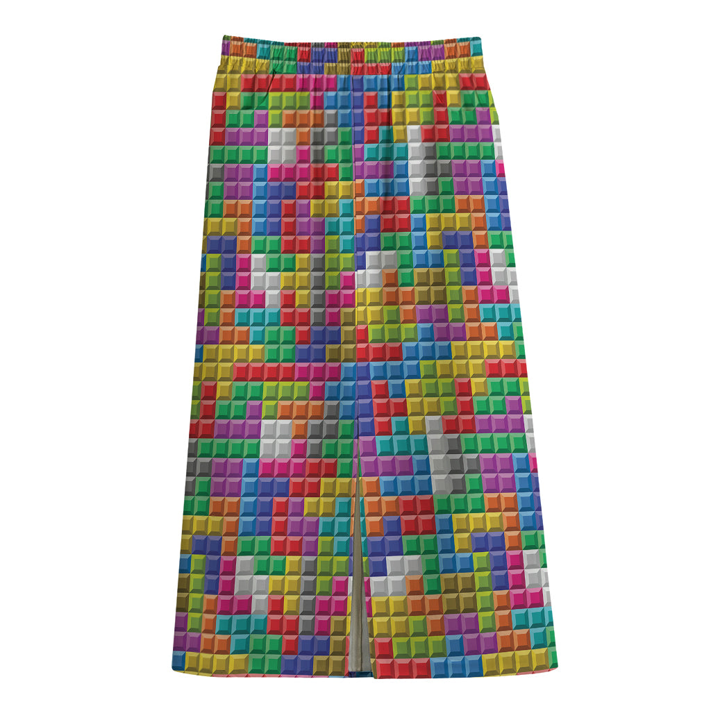 Colorful Brick Puzzle Game Pattern Print Cotton Front Slit Maxi Skirt