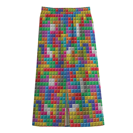 Colorful Brick Puzzle Game Pattern Print Cotton Front Slit Maxi Skirt