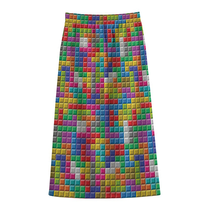 Colorful Brick Puzzle Game Pattern Print Cotton Front Slit Maxi Skirt