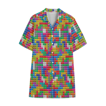 Colorful Brick Puzzle Game Pattern Print Cotton Hawaiian Shirt