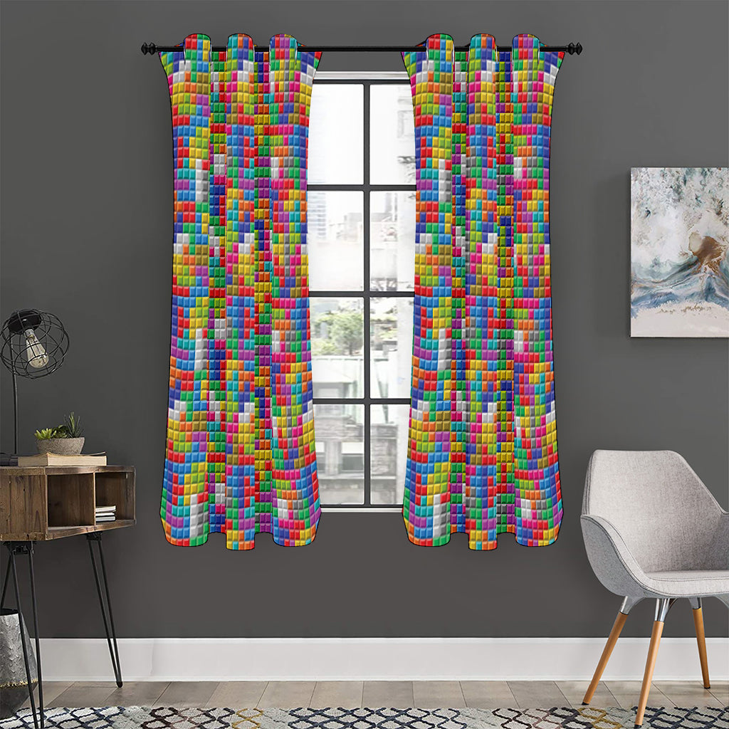 Colorful Brick Puzzle Game Pattern Print Curtain