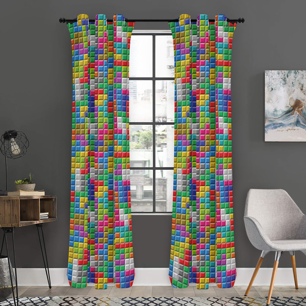 Colorful Brick Puzzle Game Pattern Print Curtain