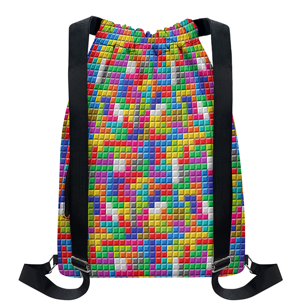 Colorful Brick Puzzle Game Pattern Print Drawstring Backpack