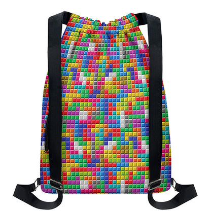 Colorful Brick Puzzle Game Pattern Print Drawstring Backpack