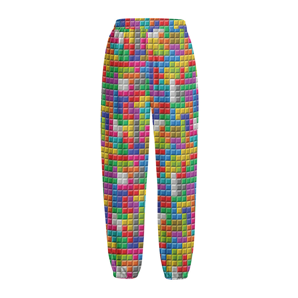 Colorful Brick Puzzle Game Pattern Print Fleece Lined Knit Pants