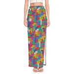 Colorful Brick Puzzle Game Pattern Print High Slit Maxi Skirt