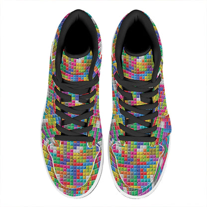 Colorful Brick Puzzle Game Pattern Print High Top Leather Sneakers