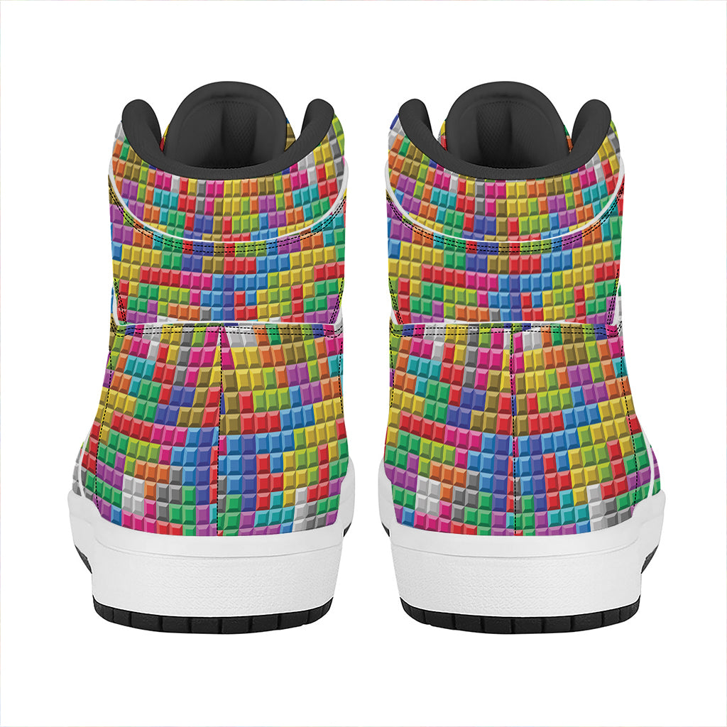 Colorful Brick Puzzle Game Pattern Print High Top Leather Sneakers