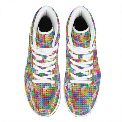 Colorful Brick Puzzle Game Pattern Print High Top Leather Sneakers