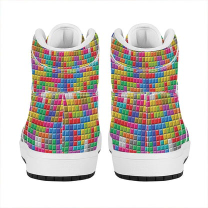 Colorful Brick Puzzle Game Pattern Print High Top Leather Sneakers