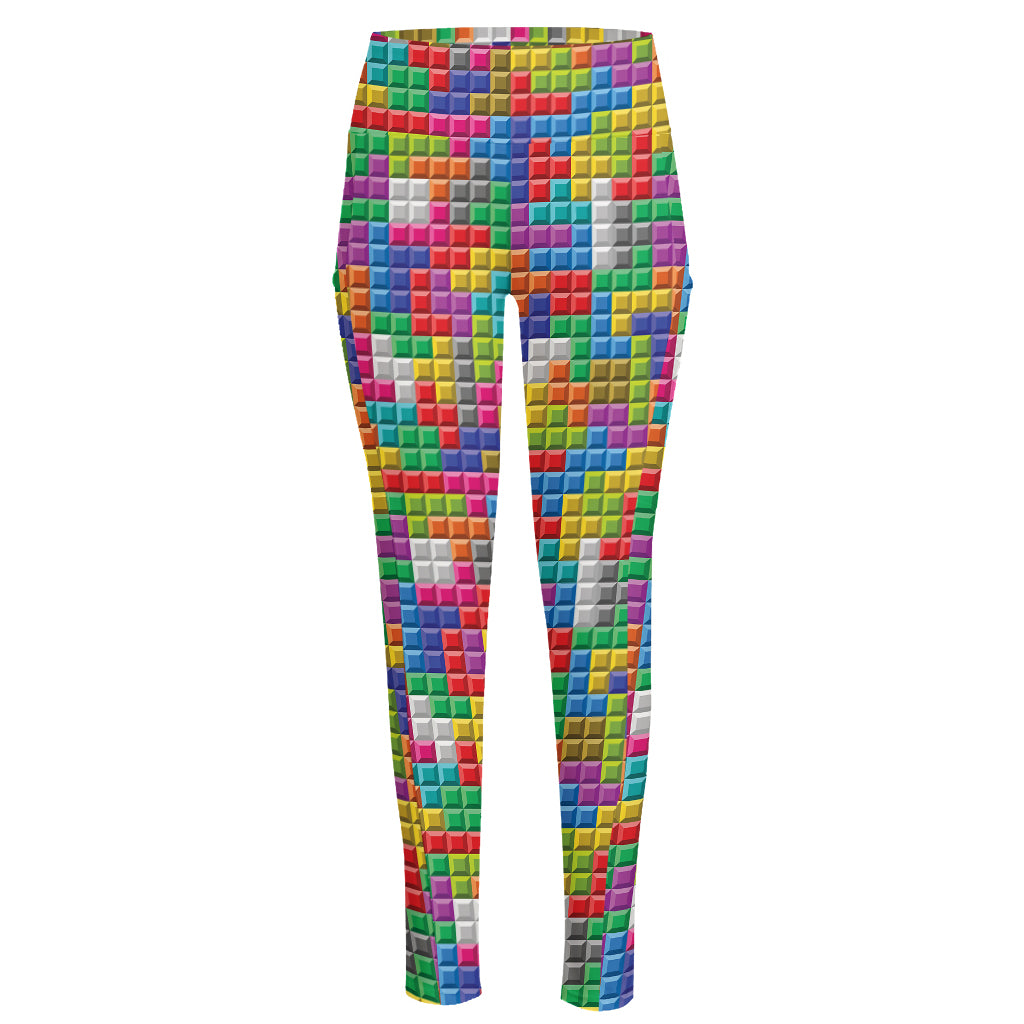 Colorful Brick Puzzle Game Pattern Print High-Waisted Pocket Leggings