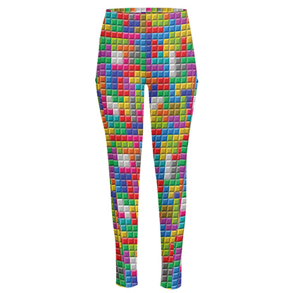 Colorful Brick Puzzle Game Pattern Print High-Waisted Pocket Leggings