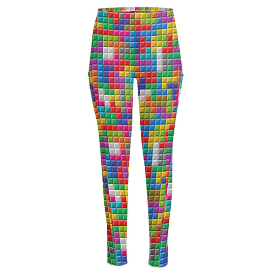 Colorful Brick Puzzle Game Pattern Print High-Waisted Pocket Leggings