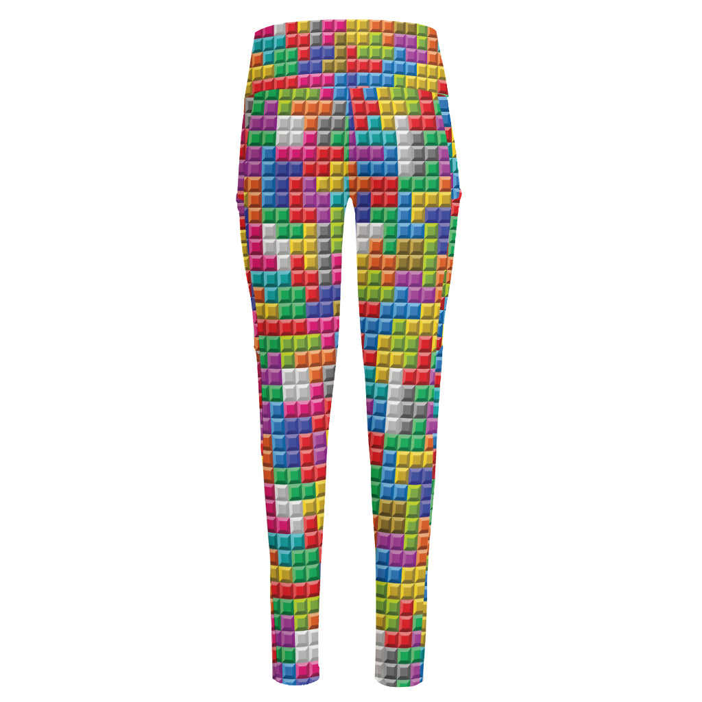 Colorful Brick Puzzle Game Pattern Print High-Waisted Pocket Leggings