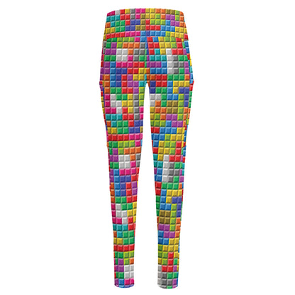 Colorful Brick Puzzle Game Pattern Print High-Waisted Pocket Leggings