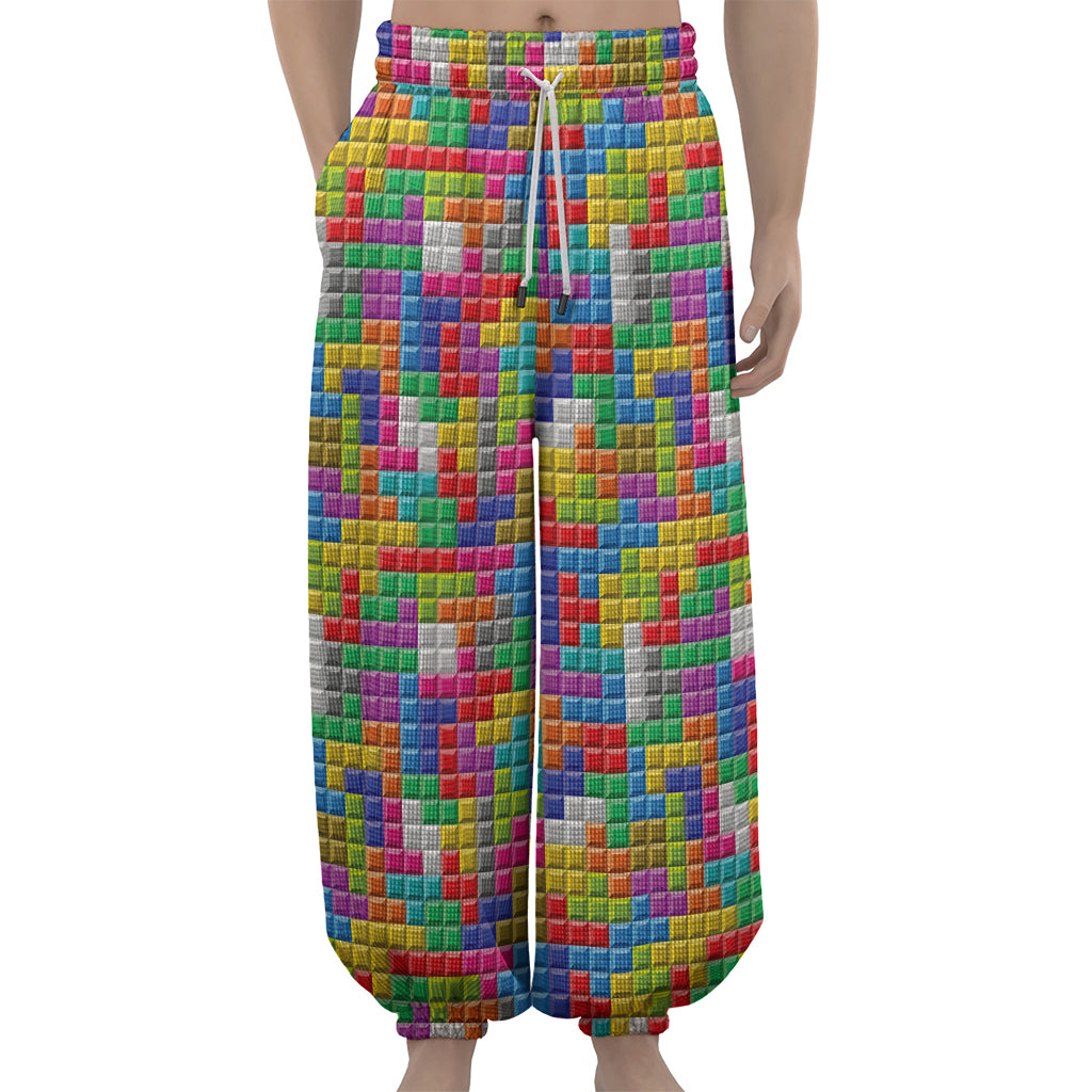 Colorful Brick Puzzle Game Pattern Print Lantern Pants
