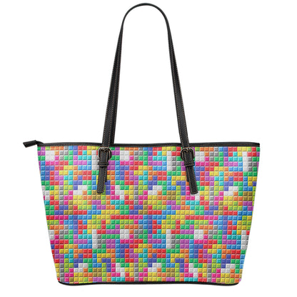 Colorful Brick Puzzle Game Pattern Print Leather Tote Bag