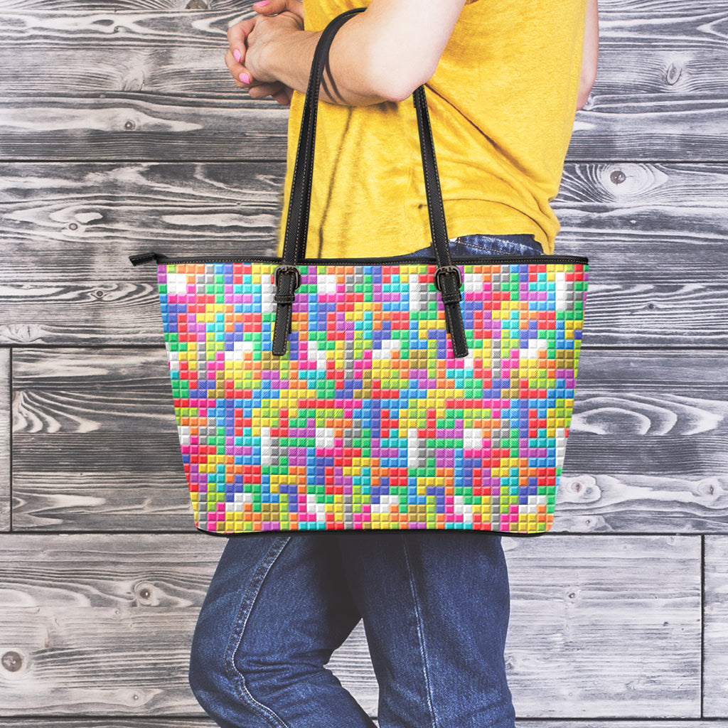 Colorful Brick Puzzle Game Pattern Print Leather Tote Bag