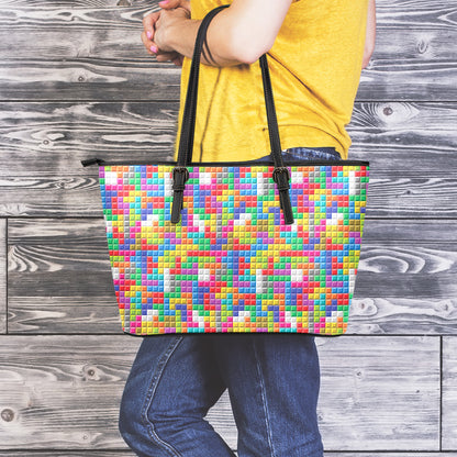 Colorful Brick Puzzle Game Pattern Print Leather Tote Bag