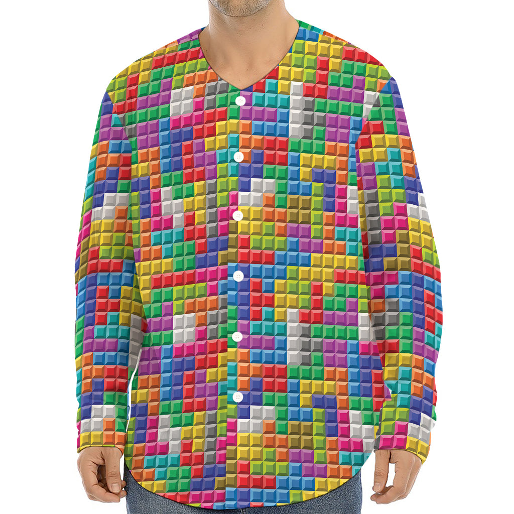 Colorful Brick Puzzle Game Pattern Print Long Sleeve Baseball Jersey