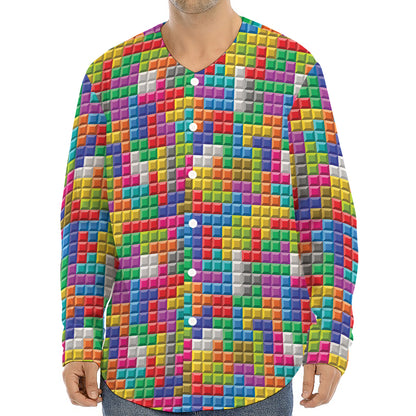 Colorful Brick Puzzle Game Pattern Print Long Sleeve Baseball Jersey