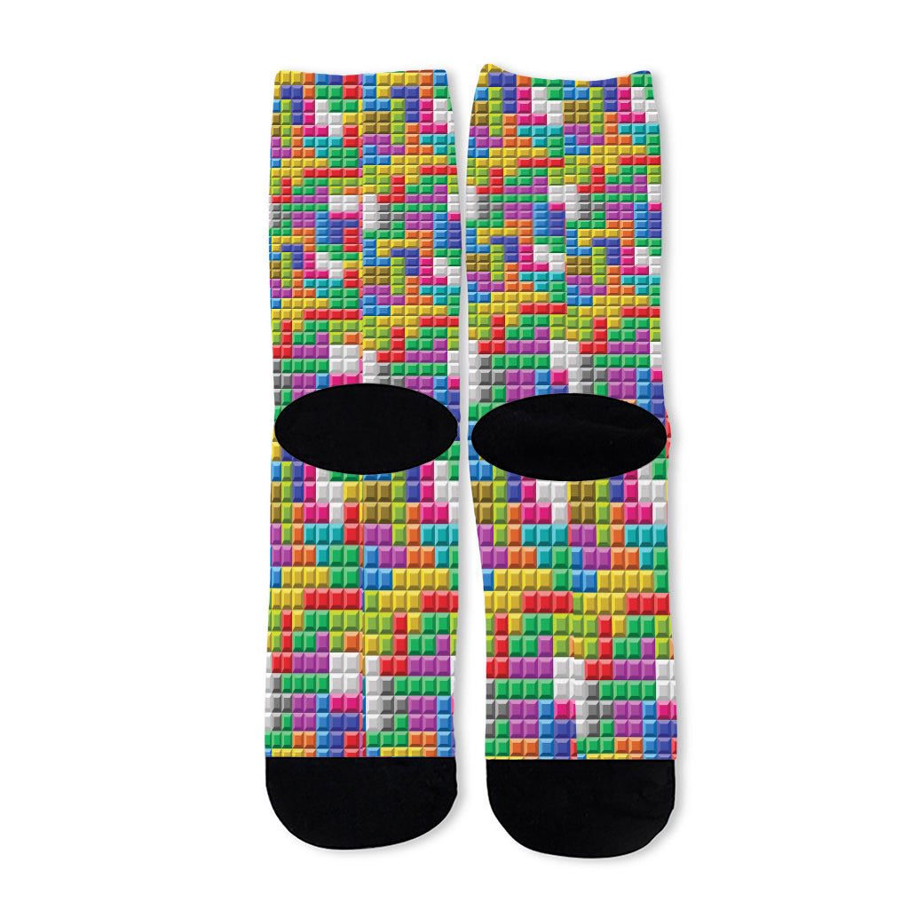 Colorful Brick Puzzle Game Pattern Print Long Socks
