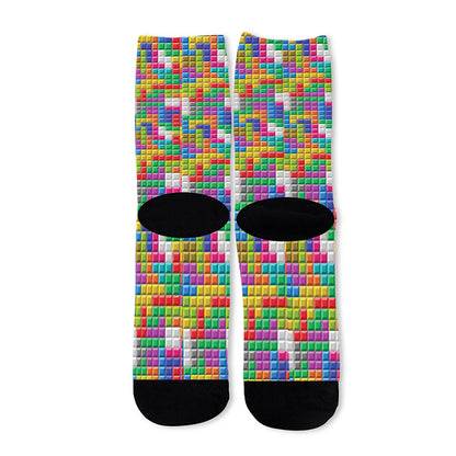 Colorful Brick Puzzle Game Pattern Print Long Socks
