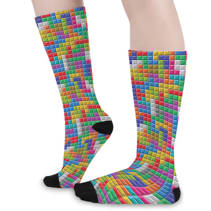 Colorful Brick Puzzle Game Pattern Print Long Socks