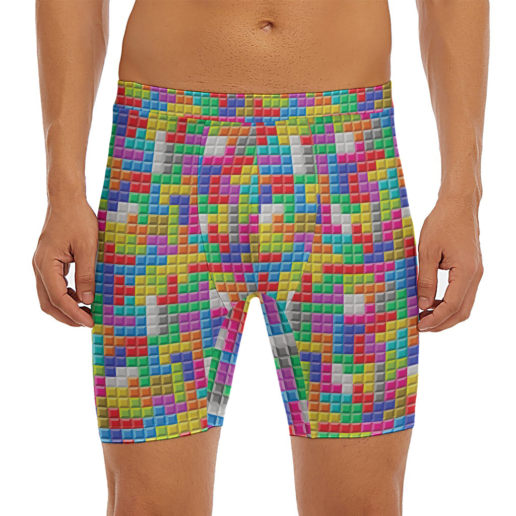 Colorful Brick Puzzle Game Pattern Print Men's Long Boxer Briefs