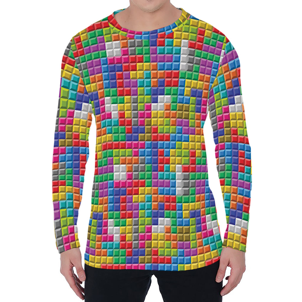 Colorful Brick Puzzle Game Pattern Print Men's Long Sleeve T-Shirt