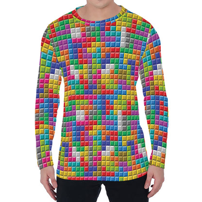 Colorful Brick Puzzle Game Pattern Print Men's Long Sleeve T-Shirt