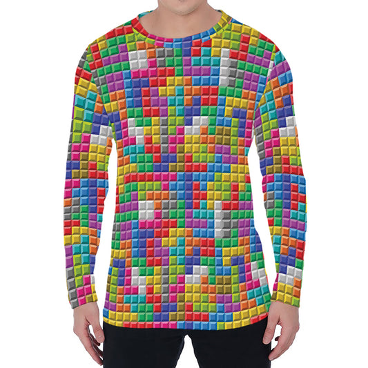 Colorful Brick Puzzle Game Pattern Print Men's Long Sleeve T-Shirt