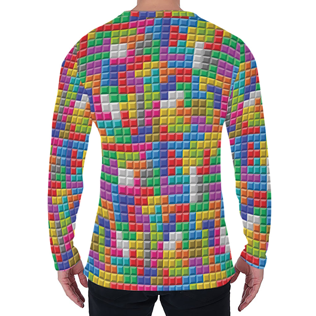 Colorful Brick Puzzle Game Pattern Print Men's Long Sleeve T-Shirt