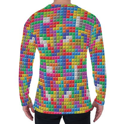 Colorful Brick Puzzle Game Pattern Print Men's Long Sleeve T-Shirt