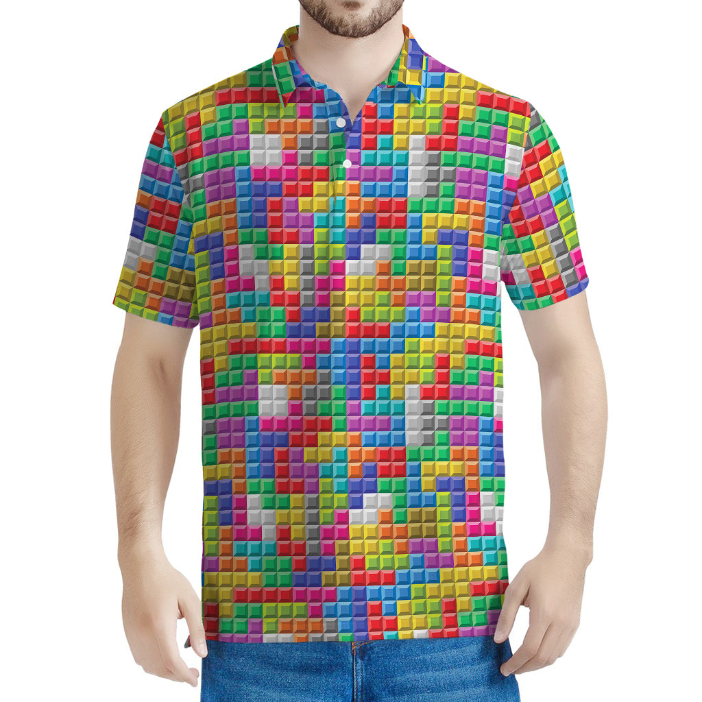 Colorful Brick Puzzle Game Pattern Print Men's Polo Shirt