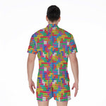 Colorful Brick Puzzle Game Pattern Print Men's Rompers