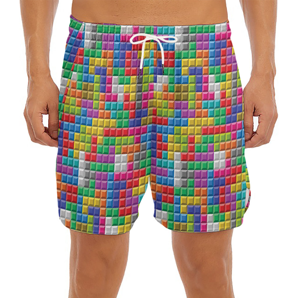 Colorful Brick Puzzle Game Pattern Print Men's Split Running Shorts