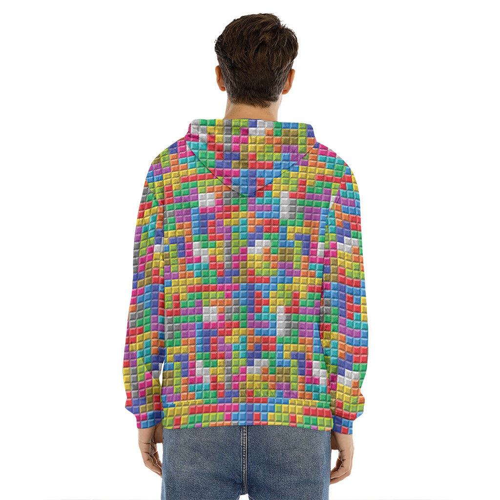 Colorful Brick Puzzle Game Pattern Print Men's Velvet Pullover Hoodie