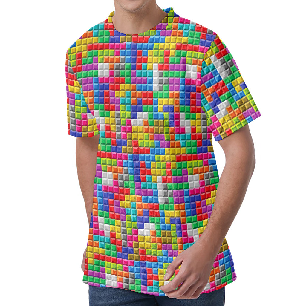 Colorful Brick Puzzle Game Pattern Print Men's Velvet T-Shirt