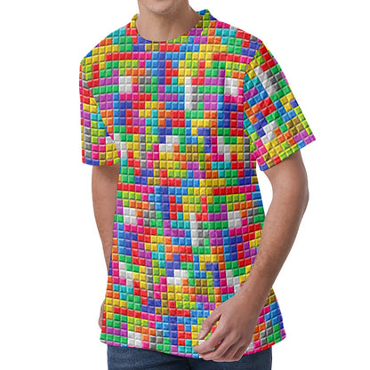 Colorful Brick Puzzle Game Pattern Print Men's Velvet T-Shirt