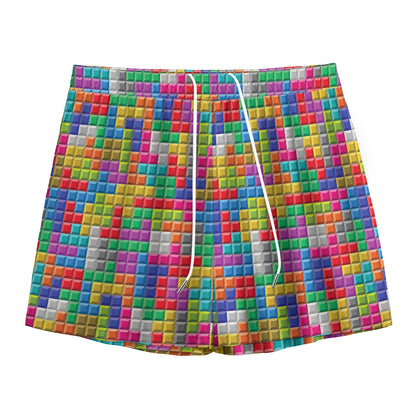 Colorful Brick Puzzle Game Pattern Print Mesh Shorts