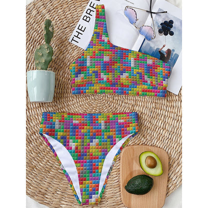 Colorful Brick Puzzle Game Pattern Print One Shoulder Bikini Top
