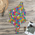 Colorful Brick Puzzle Game Pattern Print One Shoulder Bodysuit