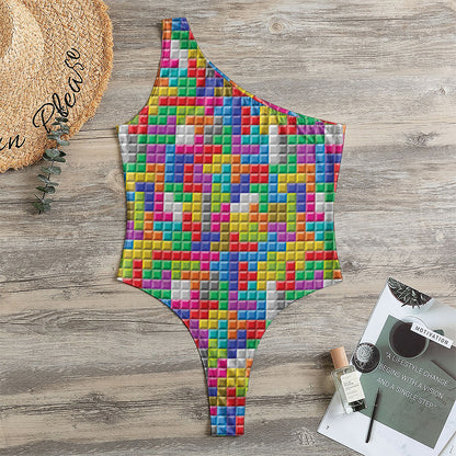 Colorful Brick Puzzle Game Pattern Print One Shoulder Bodysuit