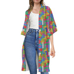 Colorful Brick Puzzle Game Pattern Print Open Front Beach Cover Up