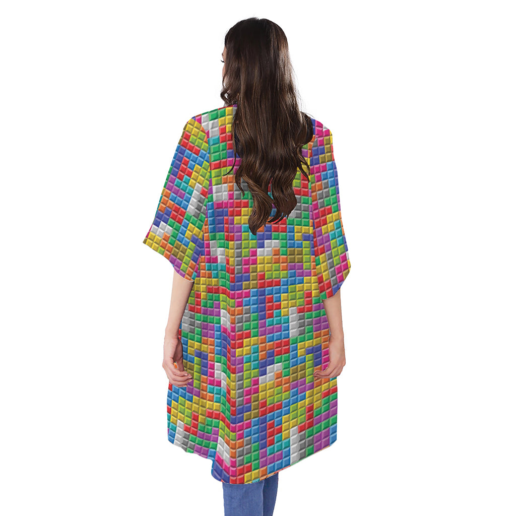 Colorful Brick Puzzle Game Pattern Print Open Front Beach Cover Up
