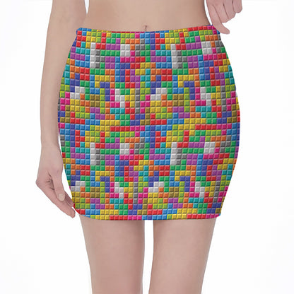 Colorful Brick Puzzle Game Pattern Print Pencil Mini Skirt