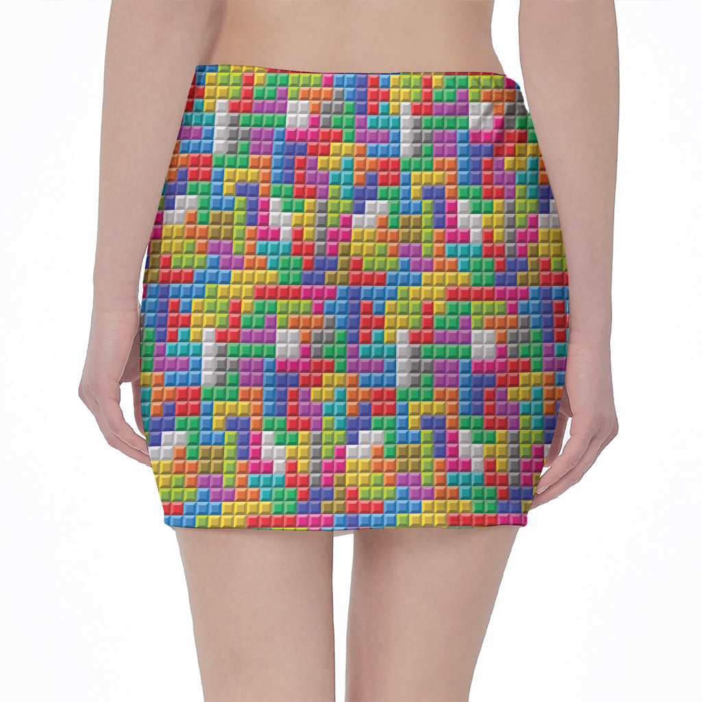 Colorful Brick Puzzle Game Pattern Print Pencil Mini Skirt
