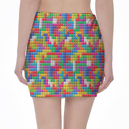 Colorful Brick Puzzle Game Pattern Print Pencil Mini Skirt